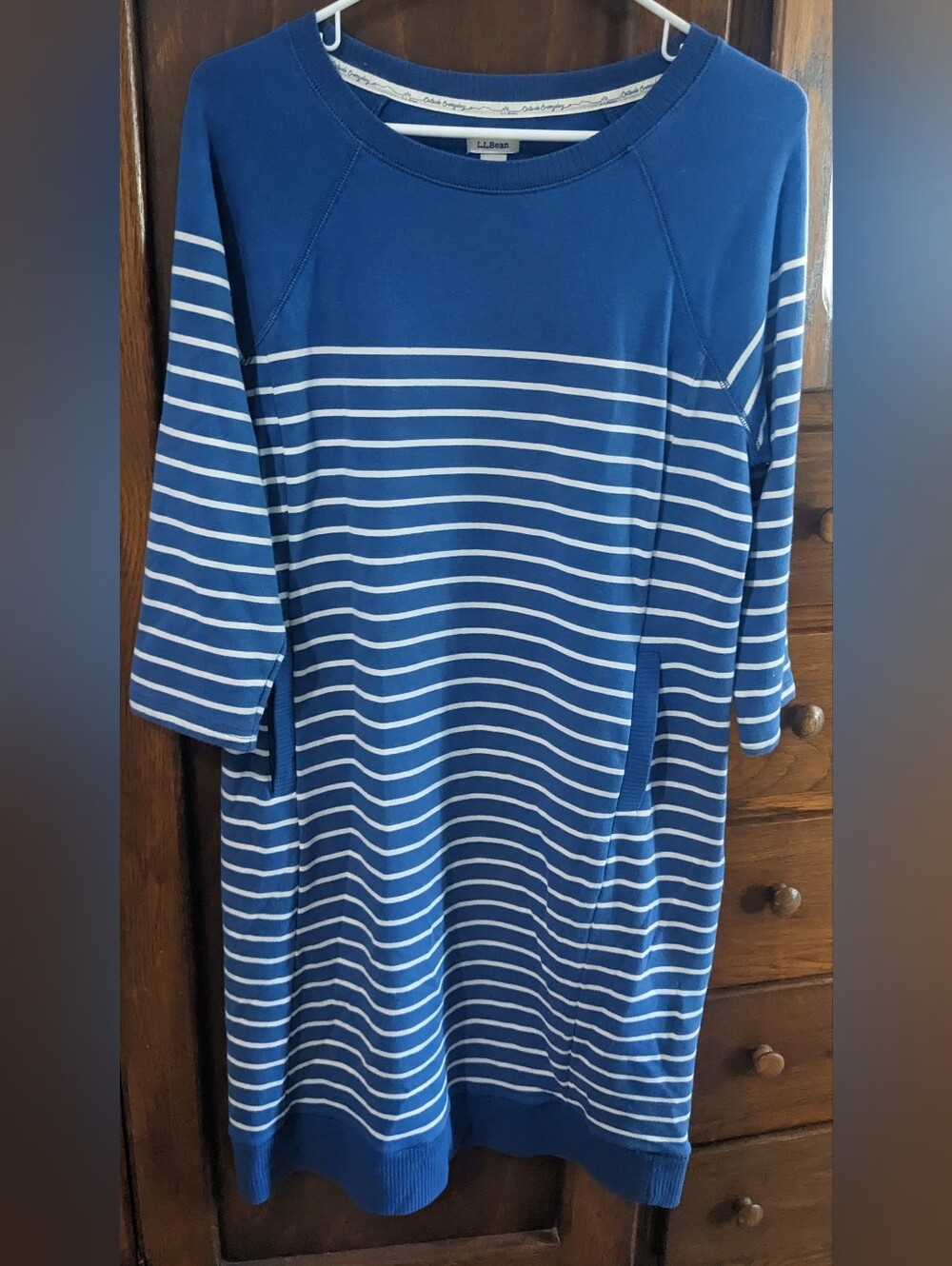 L.L. Bean Navy and White Striped Women's Boat neck Sweater Dress S